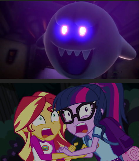 Size: 473x549 | Tagged: safe, derpibooru import, edit, screencap, sci-twi, sunset shimmer, twilight sparkle, equestria girls, legend of everfree, crossover, glowing eyes meme, king boo, luigi's mansion, luigi's mansion 3, meme, nintendo, nintendo switch, reaction image, screaming, shrunken pupils, super mario bros., terrified