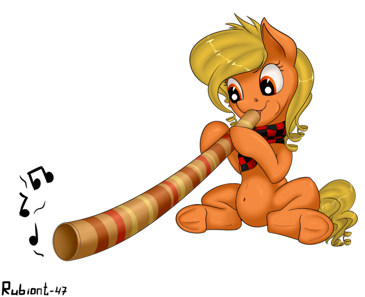 Size: 1500x1220 | Tagged: safe, artist:rubiont, derpibooru import, oc, unofficial characters only, earth pony, pony, clothes, didgeridoo, female, mare, music notes, musical instrument, scarf, simple background, sitting, solo, transparent background