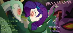 Size: 1319x606 | Tagged: safe, artist:snakeythingy, derpibooru import, rarity, arbok, serperior, equestria girls, coiling, coils, forest, hissing, hypno eyes, hypnosis, hypnotized, master, pokémon, slavery, smiling, solo, story included, text