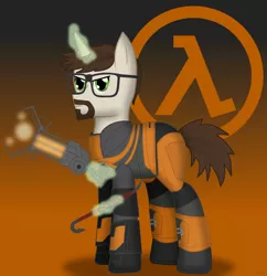 Size: 2002x2068 | Tagged: safe, artist:99999999000, derpibooru import, ponified, pony, unicorn, crowbar, gordon freeman, gradient background, gravity gun, half-life, half-life 2, hev suit, lambda, magic, magic aura, male, orange background, simple background, solo, telekinesis