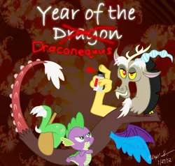 Size: 1024x975 | Tagged: artist:aleximusprime, chinese dragon, chinese new year, derpibooru import, discord, draconequus, dragon, floating, graffiti, grin, safe, smiling, smirk, spike, spray can, upset, year of the dragon