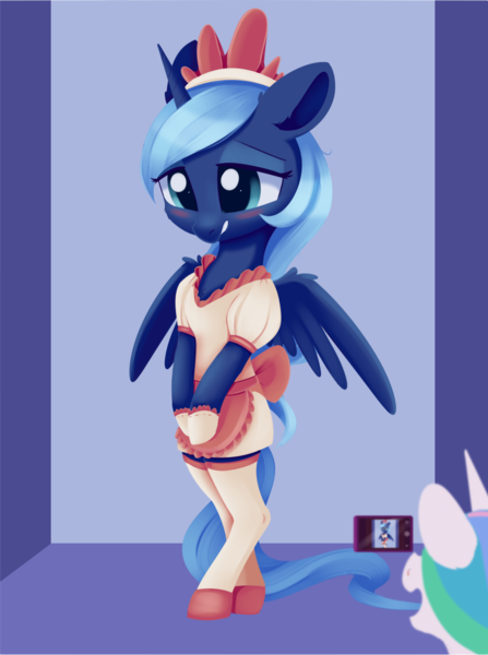 Size: 1379x1852 | Tagged: safe, artist:dusthiel, derpibooru import, princess celestia, princess luna, alicorn, pony, atg 2019, bipedal, blushing, camera, clothes, dress, embarrassed, female, maid, mare, newbie artist training grounds, open mouth, royal sisters, s1 luna, siblings, sisters, socks, solo, standing, stockings, thigh highs