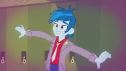 Size: 1280x720 | Tagged: safe, derpibooru import, screencap, thunderbass, equestria girls, music to my ears, rainbow rocks, arms spread out, background human, clothes, jacket, lockers, male, necktie, smiling, solo