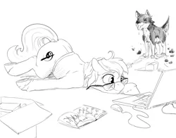 Size: 1280x1006 | Tagged: safe, artist:silfoe, derpibooru import, oc, oc:silfoe, unofficial characters only, dog, earth pony, pony, book, box, clothes, computer, computer mouse, cute, female, glasses, grayscale, laptop computer, mare, monochrome, prone, scissors, shirt, simple background, solo, white background