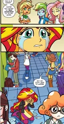 Size: 660x1283 | Tagged: safe, derpibooru import, idw, applejack, fluttershy, normal norman, pinkie pie, rainbow dash, rarity, scribble dee, sunset shimmer, velvet sky, vinyl scratch, equestria girls, spoiler:comicholiday2014, abuse, background human, cropped, crying, humane five, sad, shimmerbuse, sunset being bullied