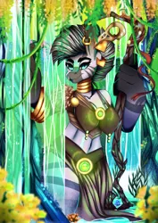 Size: 2480x3508 | Tagged: anthro, artist:iblisart, breasts, busty zecora, clothes, derpibooru import, ear piercing, earring, female, forest, high res, jewelry, looking at you, piercing, safe, solo, zebra, zecora