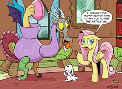 Size: 2047x1492 | Tagged: safe, artist:pony-berserker, derpibooru import, angel bunny, discord, fluttershy, draconequus, pegasus, pony, rabbit, animal, fluttershy is not amused, pun, teapot, tongue out, unamused, visual pun