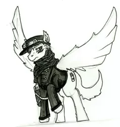 Size: 1035x1090 | Tagged: safe, artist:charbold, derpibooru import, oc, oc:wattson, unofficial characters only, pegasus, pony, fallout equestria, fanfic, black and white, clothes, enclave, enclave uniform, fallout, fanfic art, goggles, grayscale, hat, monochrome, pegasus oc, raised hoof, solo, spread wings, uniform, wings