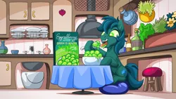 Size: 1200x675 | Tagged: suggestive, artist:mysticalpha, derpibooru import, oc, oc:poison trail, unofficial characters only, earth pony, pony, cereal box, changeling egg, egg, kitchen, kitchen sink, mind control, obvious lie is obvious, open mouth, plants, plate, spoon, table