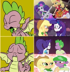 Size: 709x722 | Tagged: safe, artist:georgegarza01, artist:pony-berserker edits, derpibooru import, edit, edited screencap, screencap, applejack, rarity, spike, dragon, human, equestria girls, equestria girls series, legend of everfree, rollercoaster of friendship, spring breakdown, spoiler:eqg series (season 2), anti-shipping, applespike, drake, equestria girls-ified, female, geode of super strength, hotline bling, human spike, humanized, implied lesbian, implied rarijack, implied shipping, magical geodes, male, meme, shipping, sparity, straight, winged spike