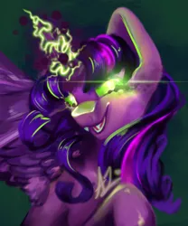 Size: 2500x3000 | Tagged: safe, artist:thewickedvix, derpibooru import, twilight sparkle, twilight sparkle (alicorn), alicorn, pony, atg 2019, corrupted twilight sparkle, dark magic, evil, female, glowing eyes, glowing horn, grin, horn, magic, newbie artist training grounds, smiling, solo