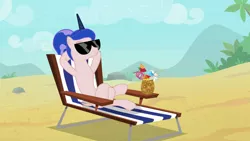 Size: 1920x1080 | Tagged: safe, artist:sonofaskywalker, derpibooru import, edit, edited screencap, editor:slayerbvc, screencap, princess luna, alicorn, pony, between dark and dawn, alternate hairstyle, barehoof, beach, beach chair, crazy straw, crossed legs, drink, eyes closed, female, furless, furless edit, hooves behind head, mare, nude edit, nudity, ponytail, reclining, relaxing, shaved, shaved tail, solo, sunglasses, this will end in pain, we don't normally wear clothes