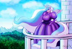 Size: 2399x1633 | Tagged: adult, age progression, alicorn, alicornified, anthro, artist:cylenx, balcony, big breasts, breasts, busty diamond tiara, clothes, derpibooru import, diamond tiara, dress, ethereal mane, female, fusion, gown, huge breasts, impossibly large breasts, poofy shoulders, princess celestia, race swap, safe, solo, tiaracorn, xk-class end-of-the-world scenario