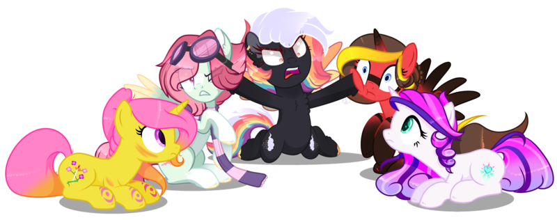 Size: 3969x1566 | Tagged: safe, artist:oneiria-fylakas, artist:sugaryicecreammlp, derpibooru import, oc, oc:celestial star, oc:fluffy cloud, oc:katana bloom, oc:oneiria fylakas, oc:shiny heart, unofficial characters only, alicorn, pegasus, pony, unicorn, clothes, colored wings, female, goggles, mare, multicolored wings, prone, scarf, simple background, transparent background, two toned wings, wings