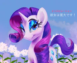 Size: 1834x1500 | Tagged: safe, artist:littmosa, derpibooru import, rarity, pony, unicorn, female, flower, inspiration, japanese, looking at you, mare, sky, solo