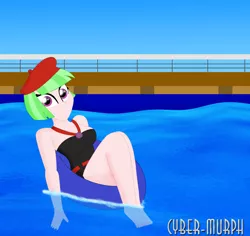 Size: 2312x2187 | Tagged: safe, artist:cyber-murph, derpibooru import, drama letter, watermelody, equestria girls, equestria girls series, spring breakdown, spoiler:eqg series (season 2), background human, beret, breasts, busty watermelody, cleavage, clothes, feet, hat, inner tube, one-piece swimsuit, relaxing, smiling, swimming pool, swimsuit, thighs