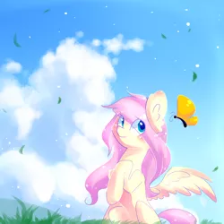 Size: 1000x1000 | Tagged: safe, artist:dddreamdraw, derpibooru import, fluttershy, butterfly, pegasus, pony, blushing, ear fluff, eye clipping through hair, female, grass, looking at something, looking sideways, mare, one wing out, outdoors, raised hoof, sitting, sky, solo, three quarter view, wings