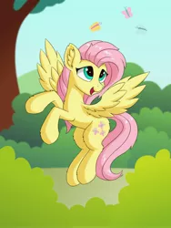 Size: 3000x4000 | Tagged: safe, artist:mercurysparkle, derpibooru import, fluttershy, butterfly, pegasus, pony, bush, cute, ear fluff, female, flying, head turn, looking at something, looking up, mare, open mouth, outdoors, shyabetes, smiling, solo, spread wings, three quarter view, wings