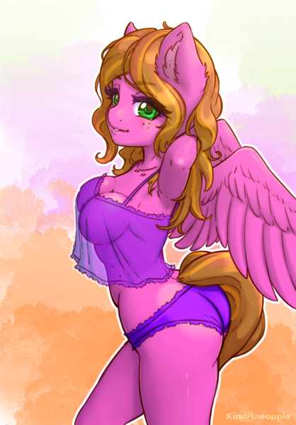 Size: 2466x3543 | Tagged: anthro, anthro oc, armpits, artist:kindpineapple, breasts, camisole, clothes, commission, derpibooru import, female, frilly underwear, mare, milf, oc, oc:lady bleikur, panties, questionable, see-through shirt, solo, underwear, ych result