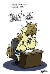 Size: 1422x2106 | Tagged: safe, artist:bobthedalek, derpibooru import, oc, oc:kettle master, unofficial characters only, pony, atg 2019, desk, inception, messy mane, newbie artist training grounds, office chair, paper, pencil, self-reference, stressed, twitch