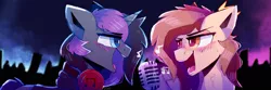Size: 3000x1000 | Tagged: safe, artist:dino_horse, deleted from derpibooru, derpibooru import, oc, oc:prince whateverer, oc:purple flame, unofficial characters only, pegasus, pony, unicorn, concert, crowd, floating crown, headphones, male, microphone, music notes, musician, singing, stage, stallion