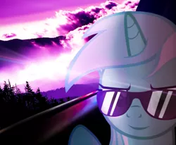 Size: 1333x1100 | Tagged: safe, artist:ramprover, derpibooru import, edit, edited screencap, screencap, lyra heartstrings, pony, unicorn, car, cropped, glasses, purple sky, smiling, solo, sunglasses, volkswagen