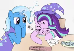 Size: 1600x1100 | Tagged: safe, artist:majupaju, derpibooru import, starlight glimmer, trixie, pony, unicorn, accessory swap, bracelet, cape, clothes, drool, face doodle, female, guidance counselor, hat, jewelry, levitation, magic, magic aura, mare, marker, onomatopoeia, paper, prank, sleeping, sound effects, telekinesis, this will end in pain, trixie's cape, trixie's hat, zzz