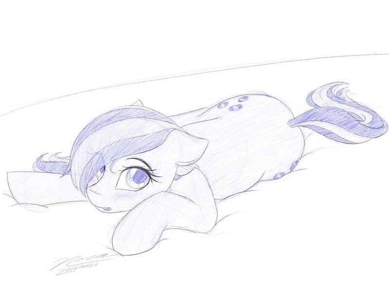 Size: 1024x768 | Tagged: safe, artist:novaintellus, derpibooru import, marble pie, earth pony, pony, atg 2019, blushing, female, floppy ears, looking at you, lying down, mare, monochrome, newbie artist training grounds, solo