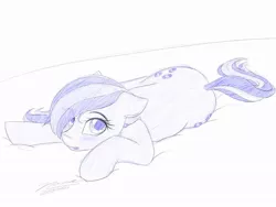 Size: 1024x768 | Tagged: safe, artist:novaintellus, derpibooru import, marble pie, earth pony, pony, atg 2019, blushing, female, floppy ears, looking at you, lying down, mare, monochrome, newbie artist training grounds, solo