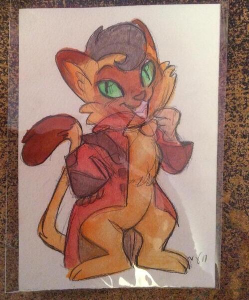 Size: 600x722 | Tagged: abyssinian, anthro, artist:marybellamy, capper dapperpaws, cat, chibi, clothes, coat, derpibooru import, looking at you, male, mixed media, my little pony: the movie, painting, pencil drawing, safe, smiling, solo, traditional art, watercolor painting