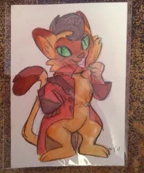 Size: 600x722 | Tagged: abyssinian, anthro, artist:marybellamy, capper dapperpaws, cat, chibi, clothes, coat, derpibooru import, looking at you, male, mixed media, my little pony: the movie, painting, pencil drawing, safe, smiling, solo, traditional art, watercolor painting