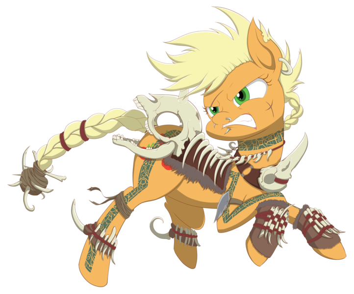 Size: 3000x2493 | Tagged: safe, artist:janji009, derpibooru import, part of a set, applejack, earth pony, pony, angry, armor, barbarian, bone, braided tail, card game, crossover, ear piercing, earring, female, gruul clans, high res, horse skull, jewelry, magic the gathering, mare, necklace, nose piercing, part of a series, piercing, ravnica, scar, short mane, simple background, skull, solo, tattoo, transparent background