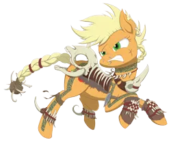 Size: 3000x2493 | Tagged: safe, artist:janji009, derpibooru import, part of a set, applejack, earth pony, pony, angry, armor, barbarian, bone, braided tail, card game, crossover, ear piercing, earring, female, gruul clans, high res, horse skull, jewelry, magic the gathering, mare, necklace, nose piercing, part of a series, piercing, ravnica, scar, short mane, simple background, skull, solo, tattoo, transparent background