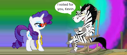 Size: 511x224 | Tagged: safe, derpibooru import, rarity, unicorn, zebra, cup, female, glasses, mare, measuring tape, phineas and ferb, photoshop, psychedelic, rocking chair, speech bubble, text, tv reference, vote