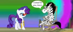 Size: 511x224 | Tagged: safe, derpibooru import, rarity, unicorn, zebra, cup, female, glasses, mare, measuring tape, phineas and ferb, photoshop, psychedelic, rocking chair, speech bubble, text, tv reference, vote