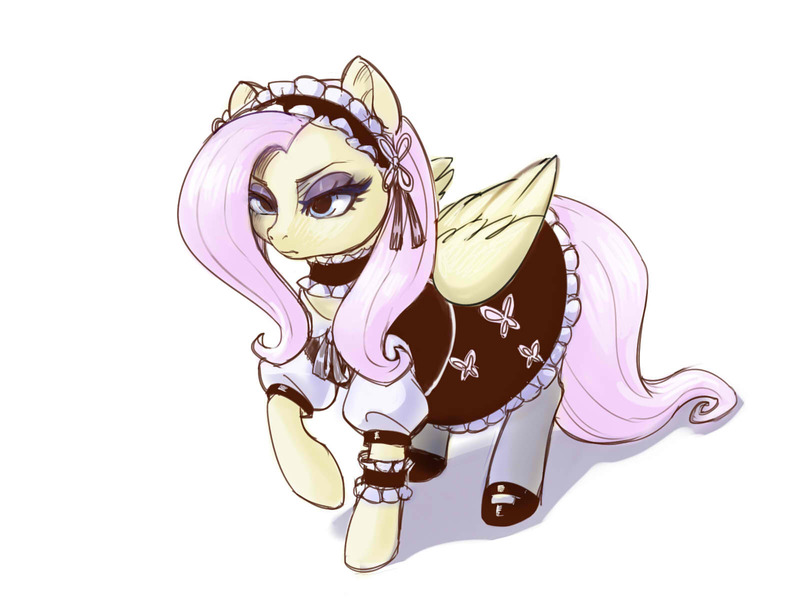 Size: 1600x1200 | Tagged: safe, artist:noupie, derpibooru import, fluttershy, pegasus, pony, clothes, cutie mark, cutie mark on clothes, female, frown, image, jpeg, maid, maid headdress, mare, raised hoof, simple background, solo, tail, white background, wings