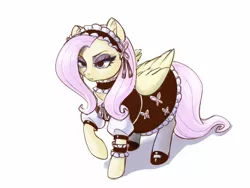 Size: 1600x1200 | Tagged: safe, artist:noupie, derpibooru import, fluttershy, pegasus, pony, clothes, cutie mark, cutie mark on clothes, female, frown, image, jpeg, maid, maid headdress, mare, raised hoof, simple background, solo, tail, white background, wings