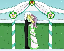 Size: 1003x797 | Tagged: safe, artist:flawlessvictory20, derpibooru import, fluttershy, oc, oc:israel yabuki, equestria girls, altar, canon x oc, clothes, dress, female, kissing, love, male, marriage, romantic, shipping, snow, snowfall, straight, tuxedo, wedding, wedding dress