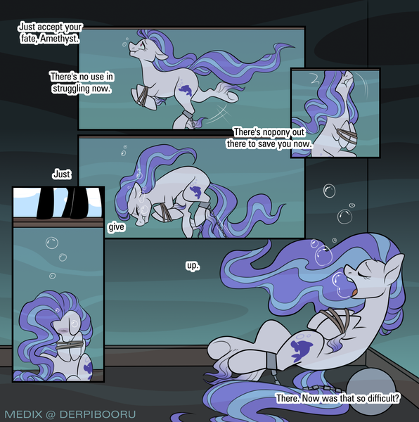 Size: 1430x1440 | Tagged: semi-grimdark, artist:medix, derpibooru import, oc, oc:amethyst droplet, unofficial characters only, earth pony, pony, aquarium, asphyxiation, ball and chain, bubble, comic, commission, dialogue, drowning, female, gradient hooves, imminent death, long mane, striped mane, tied up, underwater, unknown pony, unshorn fetlocks, water