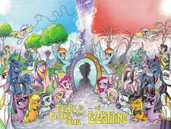 Size: 1976x1484 | Tagged: safe, artist:andypriceart, derpibooru import, edit, idw, angel bunny, applejack, derpy hooves, doctor whooves, fluttershy, king sombra, observer (character), pinkie pie, princess cadance, princess celestia, princess luna, queen chrysalis, rainbow dash, rarity, shining armor, spike, time turner, twilight sparkle, twilight sparkle (alicorn), alicorn, changeling, changeling queen, flutter pony, pony, spoiler:comic, alternate universe, andy you magnificent bastard, bright eyes (mirror universe), collage, comic, cover, dark mirror universe, duality, english, equestria-3, evil applejack, evil cadance, evil celestia, evil counterpart, evil fluttershy, evil luna, evil rainbow dash, evil rarity, evil sisters, evil spike, evil twilight, female, fourth doctor, glasses, good king sombra, looking at you, mane seven, mane six, mare, mirror universe, multiverse, my little pony logo, one eye closed, pinkamena diane pie, reversalis, text edit, textless version, there is more than one of everything, wall of tags, wink