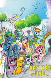 Size: 1040x1600 | Tagged: safe, artist:andypriceart, derpibooru import, edit, idw, applejack, derpy hooves, doctor whooves, fluttershy, king sombra, pinkie pie, princess cadance, princess celestia, princess luna, queen chrysalis, rainbow dash, rarity, shining armor, spike, time turner, twilight sparkle, twilight sparkle (alicorn), alicorn, changeling, changeling queen, pony, spoiler:comic, spoiler:comic18, comics, cover, dark mirror universe, equestria-3, female, mane six, mare, observer, spanish, textless edit, textless version