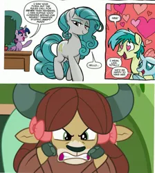 Size: 1105x1231 | Tagged: safe, artist:tonyfleecs, derpibooru import, edit, idw, screencap, ocellus, sandbar, swift foot, twilight sparkle, twilight sparkle (alicorn), yona, alicorn, changedling, changeling, earth pony, pony, yak, a matter of principals, spoiler:comic, spoiler:comicfeatsoffriendship01, angry, bedroom eyes, bow, cloven hooves, female, hair bow, heart eyes, implied yonabar, jealous, mare, monkey swings, this will end in yak smash, wingding eyes