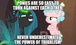 Size: 1120x669 | Tagged: safe, derpibooru import, edit, edited screencap, screencap, cozy glow, queen chrysalis, changeling, changeling queen, pegasus, pony, the summer sun setback, caption, female, glowing horn, horn, image macro, impact font, meme, smiling, smirk, speculation, text, tribalism