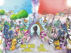 Size: 1976x1484 | Tagged: safe, artist:andypriceart, derpibooru import, edit, idw, angel bunny, applejack, derpy hooves, doctor whooves, fluttershy, king sombra, observer (character), pinkie pie, princess cadance, princess celestia, princess luna, queen chrysalis, rainbow dash, rarity, shining armor, spike, time turner, twilight sparkle, twilight sparkle (alicorn), alicorn, changeling, changeling queen, flutter pony, pony, alternate universe, andy you magnificent bastard, bright eyes (mirror universe), collage, comic, cover, dark mirror universe, duality, english, equestria-3, evil applejack, evil cadance, evil celestia, evil counterpart, evil fluttershy, evil luna, evil rainbow dash, evil rarity, evil sisters, evil spike, evil twilight, female, fourth doctor, glasses, good king sombra, looking at you, mane seven, mane six, mare, mirror universe, multiverse, my little pony logo, one eye closed, pinkamena diane pie, reversalis, spanish, text edit, textless version, there is more than one of everything, wall of tags, wink