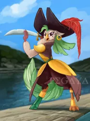 Size: 1280x1707 | Tagged: amputee, anthro, artist:pegaya, beauty mark, captain celaeno, cutlass, derpibooru import, ear piercing, earring, female, fighting stance, hat, jewelry, my little pony: the movie, obtrusive watermark, parrot pirates, piercing, pirate, pirate hat, prosthetic limb, prosthetics, safe, signature, solo, sword, watermark, weapon