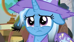 Size: 1920x1080 | Tagged: safe, derpibooru import, screencap, trixie, pony, unicorn, a horse shoe-in, about to cry, cape, clothes, cute, diatrixes, female, floppy ears, frown, hat, heartbreak, mare, messy mane, sad, sadorable, solo, trixie's cape, trixie's hat