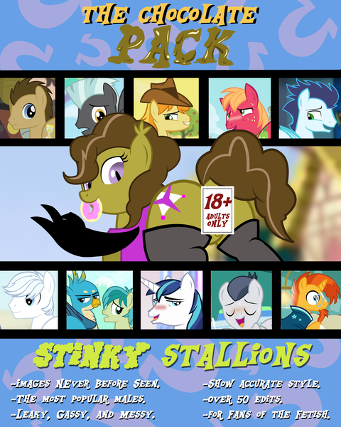 Size: 2000x2498 | Tagged: questionable, artist:succubi samus, derpibooru import, edit, big macintosh, braeburn, doctor whooves, double diamond, gallus, rumble, sandbar, shining armor, soarin', sunburst, thunderlane, time turner, oc, oc:moon pearl, bat pony, pony, announcement, bat pony oc, bat wings, butt, censored, chocolate pack 2, donut, fetish, food, for sale, implied scat, looking at you, pack, peace sign, plot, poop, release, scat, show accurate, slit eyes, wings