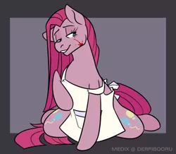 Size: 1628x1420 | Tagged: safe, artist:medix, derpibooru import, pinkie pie, earth pony, pony, fanfic:cupcakes, abstract background, apron, blood, both cutie marks, clothes, female, pinkamena diane pie, raised hoof, solo, spread legs, spreading