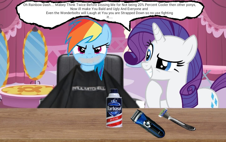 Size: 720x454 | Tagged: safe, derpibooru import, rainbow dash, rarity, pegasus, pony, unicorn, 1000 hours in ms paint, angry, forced haircut, gag, haircut, misspelling, razor, shaver, shaving cream, smiling, tape, tape gag, text