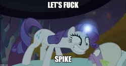 Size: 854x446 | Tagged: suggestive, derpibooru import, edit, edited screencap, screencap, rarity, spike, dragon, dragon dropped, bed, caption, exploitable meme, female, image macro, imminent foalcon, imminent sex, implied sex, male, mare, meme, memegenerator, shipping, sparity, straight, subtle as a train wreck, text, wide smile, winged spike, yandere, yanderity